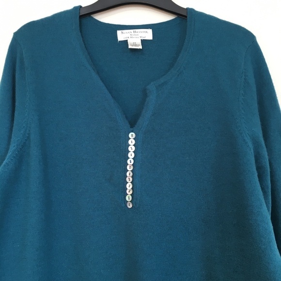 Susan Bristol 100% Merino Wool Blue Long Sleeve V-neck  Tight Knit Sweater - Picture 3 of 15